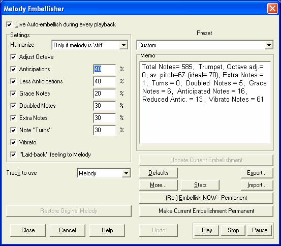 Embellisher Settings The settings that affect the embellishment can be turned on and off, and given a certain percentage strength.