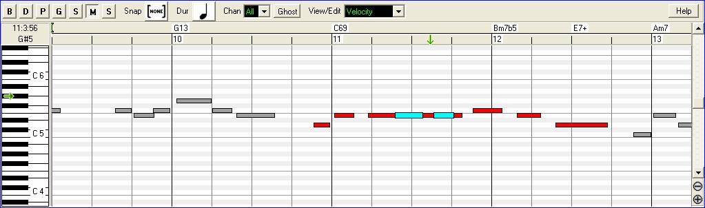 Note Panel Horizontal bars represent notes. Notes can be selected, edited, inserted, and deleted. Note Selection Selected notes are red. - Click on individual notes to select.