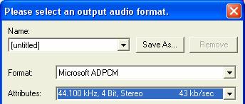 From this dialog, you can choose the type of compression that is appropriate (from the available installed codecs). You can save your settings as named presets by using the [Save As] button.