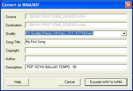 Once you've saved a WAV file, you can compress the file for Internet use, using the Windows Media Player audio format (.WMA).