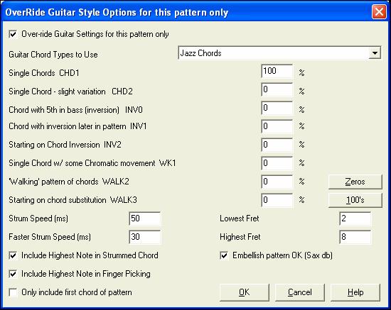 Check the Over-ride Guitar Settings for this pattern only checkbox to set new parameters for this pattern only.