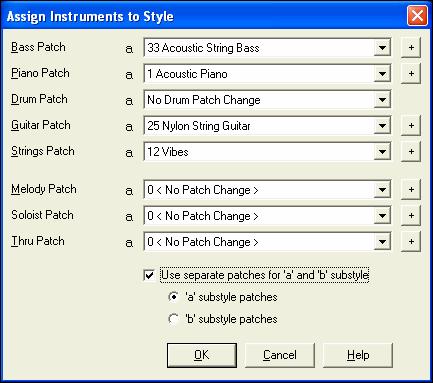 Assign Instruments to Style Dialog Box Select the [Pat.] button in the StyleMaker tool bar to open the Assign Instruments to Style dialog. This dialog box allows you to assign instruments to a style.