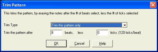 Trim Pattern The Trim Pattern routine deletes notes past the end of a pattern, or (optionally) a specified distance from the end of a pattern.