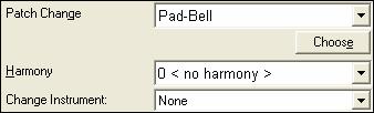 The Patch Change area allows you to select an instrument and Harmony, and to set Change Instrument setting for when you would like to change to a new Melody patch (e.g. Each Chorus).