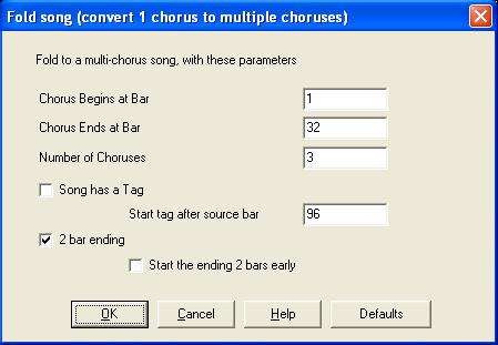 The Edit Fold routine converts a song with a single large chorus to multiple smaller choruses, with optional tag ending.