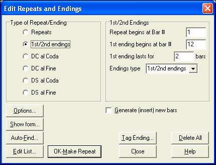 We then see the Edit Repeats and Endings dialog. Click on the 1st/2nd endings radio button, and enter the following. - Repeat begins at bar 1. - 1st ending begins at bar 9.