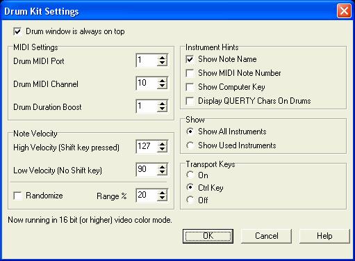 Drum window is always on top Use this checkbox to keep the Drums window on top of other program windows.