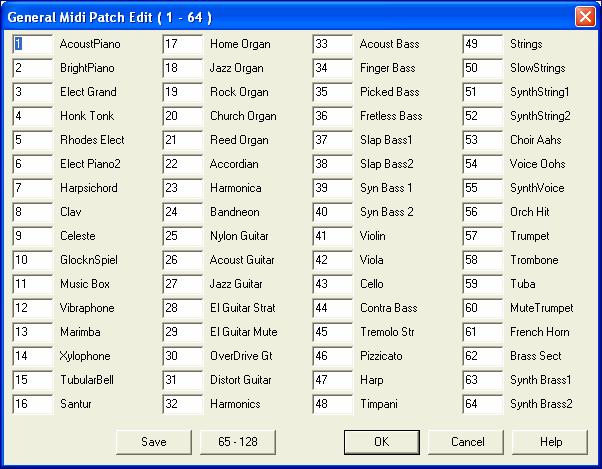 Patch Map This opens the General MIDI Patch Edit dialog, where you can make a customized General MIDI patch map. Type in the patch number that your synth uses for each instrument listed.