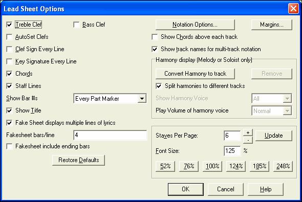 Lead Sheet Options These settings are described in the Notation chapter and in the online Help. The [Lead sheet] button opens the Lead Sheet Options dialog.