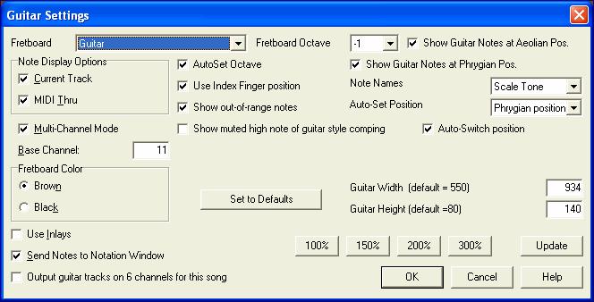 Guitar Settings The Preferences [Guitar] button opens the Guitar Settings dialog.