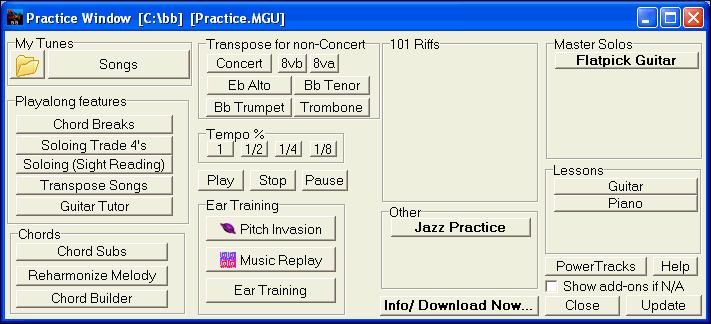 Practice The Practice Window allows convenient 1-click access to many Band-in-a-Box features that help you with practicing. There are several purposes for the Practice Window.