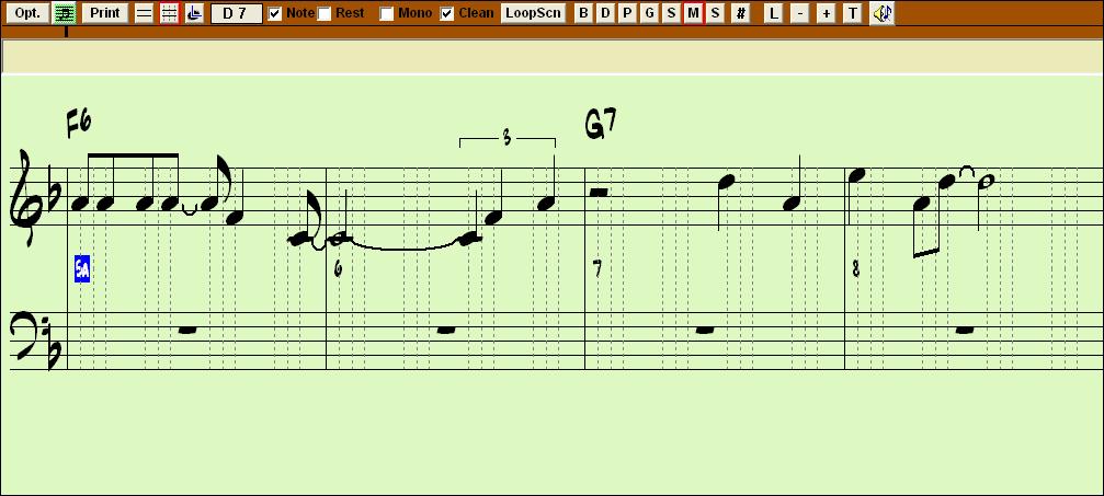 Band-in-a-Box Editable Notation window. This is the screen for step-entry of a melody or for editing existing parts. There are checkboxes for different note entry modes.