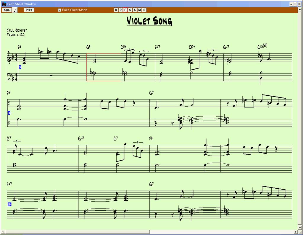 Lead Sheet Notation Window The Lead Sheet Notation window displays a full page of notation with lots of options such as a selectable number of staves per page, clefs to show, font size, margins,