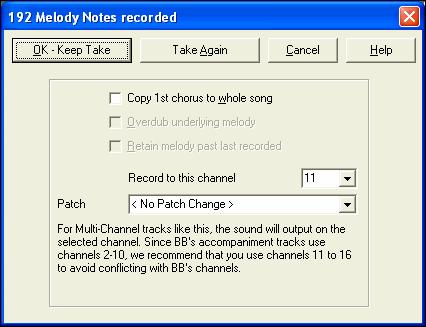 Once you have completed recording your melody, Band-in-a-Box will ask you if you would like to keep the take and if you would like to copy the recorded chorus to the whole song.