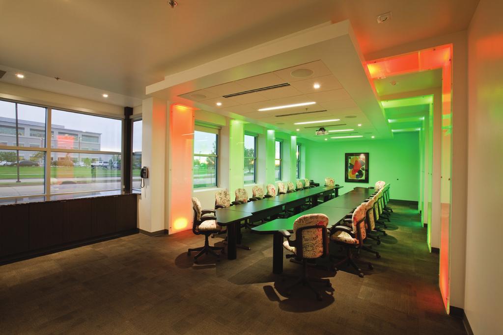 Professional, Dramatic, Innovative The Jordan Conference Room, in an Oklahoma City, Oklahoma, USA, marketing firm, was a large conventional meeting room that needed an updated look and functionality.