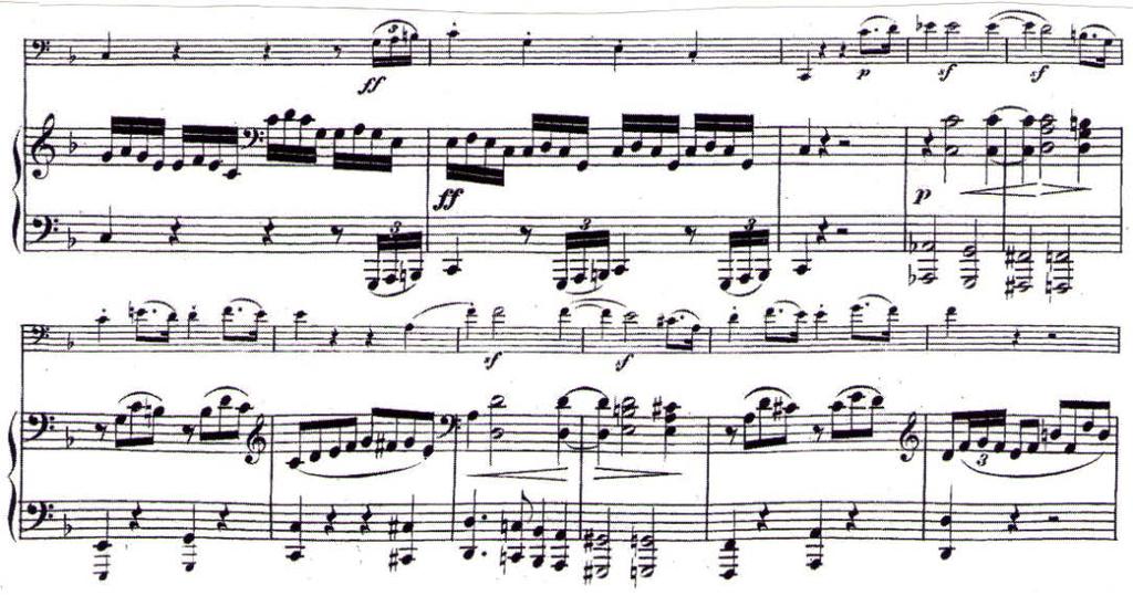 37 Figure 11. Beethoven s Sonata for Cello and Piano Op. 5, No. 1, 1 st movement, mm. 70-80. Secondary theme (three phrase period): antecedent (mm. 73-76) + 1 st consequent (mm.