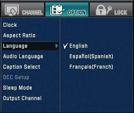 LANGUAGE Select the language of the menu. 1. Press MENU to view the on-screen menu. 2. Select the OPTION menu using / then press ENTER or. to select Language then press or ENTER. 4.