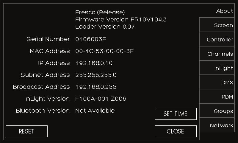 Setup > About System information including device serial number, operating firmware, network settings, and system reset 1. Fresco firmware version 2. Station serial number 3.