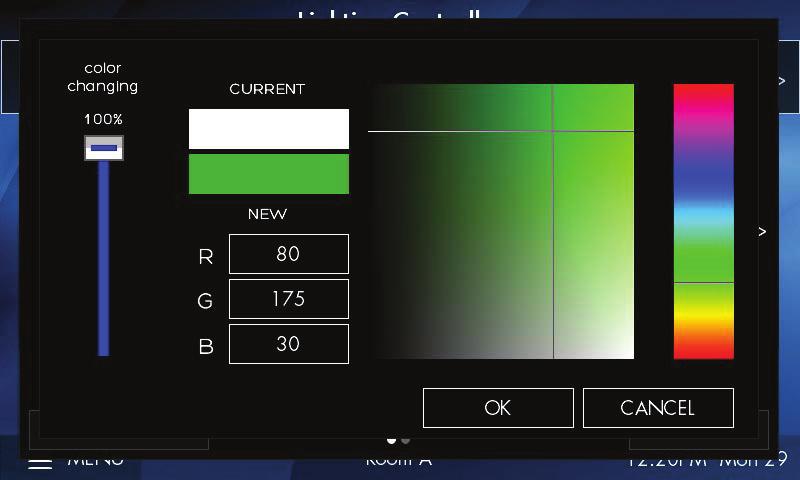 DMX RGB CONTROL Control color intensity, hue, and saturation for DMX controlled RGB fixtures 1. Raise or lower overall intensity for the lighting zone 2. RGB values are displayed as colors change.