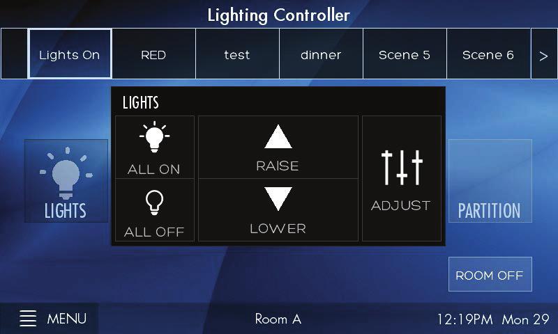 Home Screen Turn room lighting on/off, activate scenes, master raise/lower lighting level, access to lighting zones, menu access for system setup, and current date/time 1.