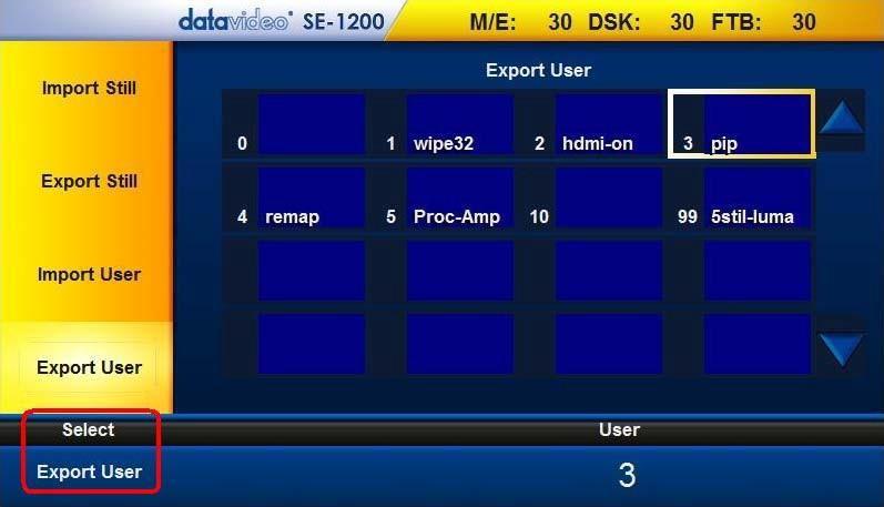 3. Click Export User as shown below and use the up/down arrows to browse the saved setups 4.