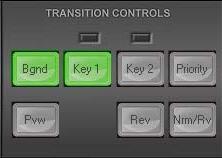 Transition Controls Panel Key 1 and Key 2 Each KEY button has an LED above it. This LED can be Red or Green. The KEY button itself can be Off or On (back lit Green when On).