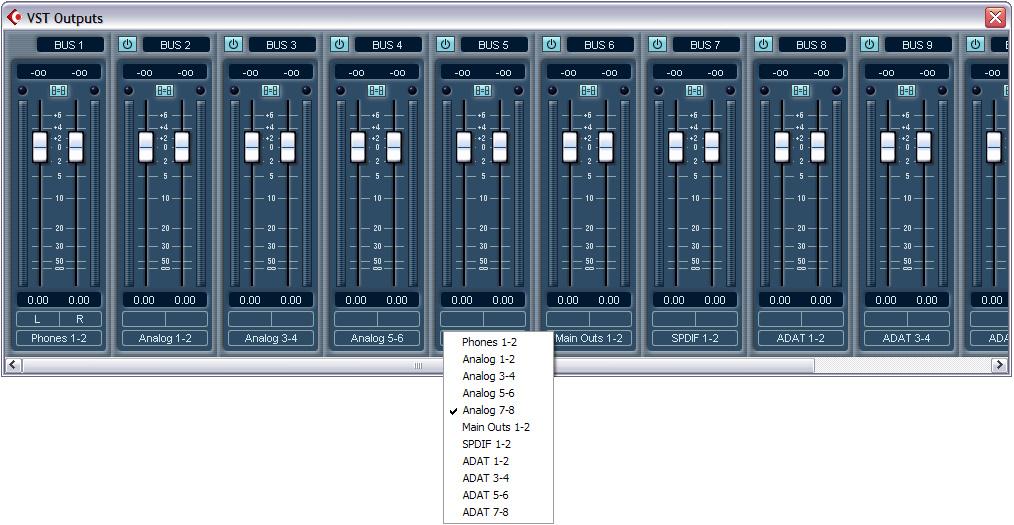 In Cubase VST, these outputs appear in the VST Master Mixer window as output assignments for the master fader and busses, as shown below in Figure 7-6.
