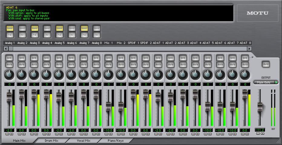 CHAPTER 10 CueMix Console OVERVIEW CueMix Console provides access to the flexible on-board mixing features of the 828mkII. CueMix lets you route any combination of inputs to any stereo output pair.