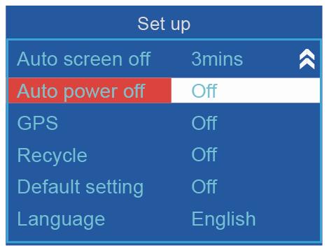 Auto-power off The user can set whether power off automatically if no operations after turned on and the time of auto power-off; After turned on, in the mode of framing and preview, press