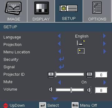 User Controls Setup Projector ID Allow the RS232 control of an individual projector. Range 00-99.