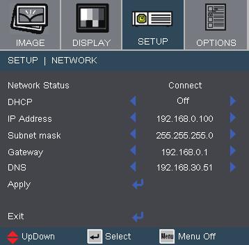 User Controls Setup Network Network State To display network information. DHCP Use this function to select your desired startup screen.