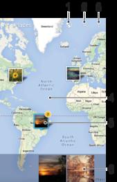 1 Vizualizaţi fotografii geoetichetate în vizualizarea Glob 2 Căutaţi o locaţie pe hartă 3 Vizualizaţi opţiunile de meniu 4 Atingeţi uşor de două ori pentru a mări.