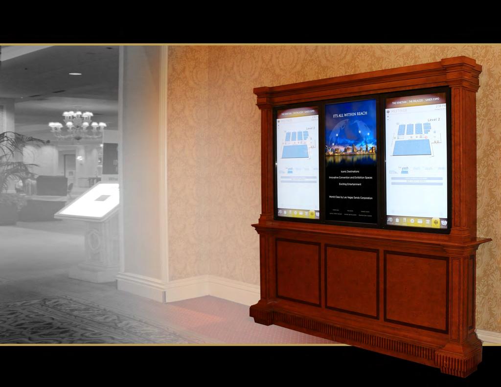 Vertical Display Cabinets Two versions may be found within the Congress Center, both of which feature 47 high-definition vertical screens.