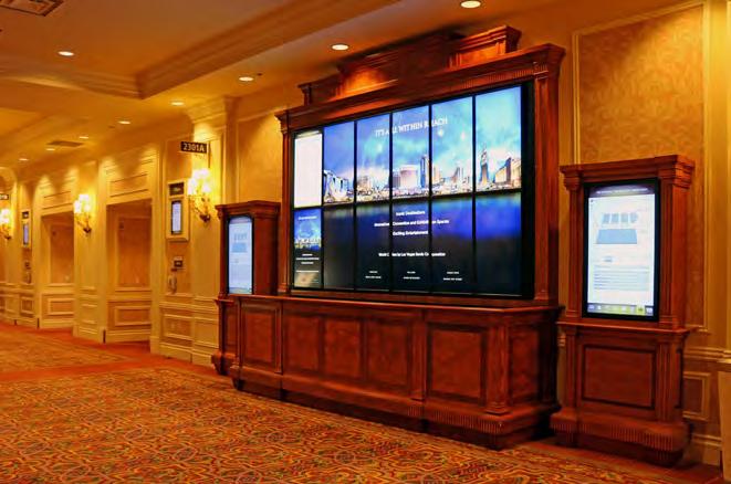 The center display may be utilized for advertisements, with the right and left screens communicating meeting schedules.