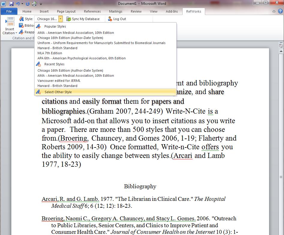If you need to change the style of the Bibliography, click the drop down menu