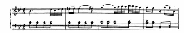 The ritornello theme of the Konzertsatz (Example 2) reveals similarities with the incipit of the piano piece KV 9b (5b), also inscribed in the Notebook (Example 3): the same type of phrase (2 + 1 +