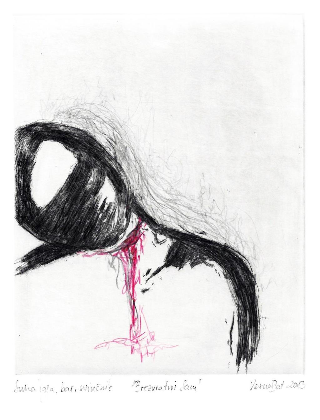 Slika 11: Vesna Bat, Brezvratni Sam, 2013, suha igla in barvni svinčnik, 25 x 35 cm Osnovni grafiki je dodana