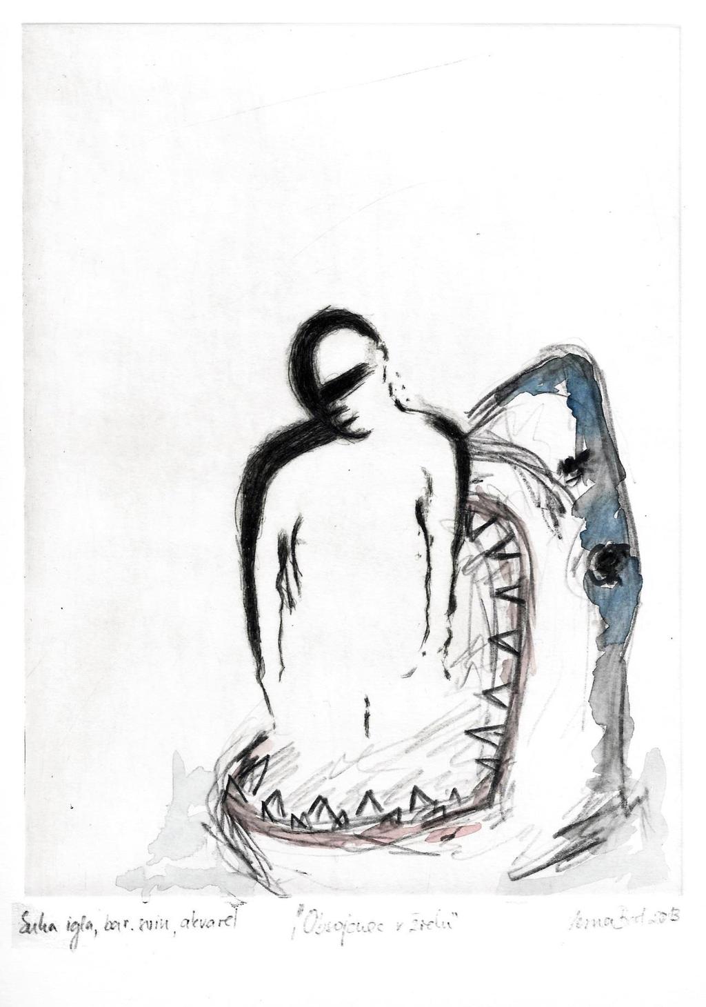 Slika 14: Vesna Bat, Obsojenec v žrelu, 2013, suha igla, barvni svinčnik in akvarel, 25 x 35 cm Osnovi je