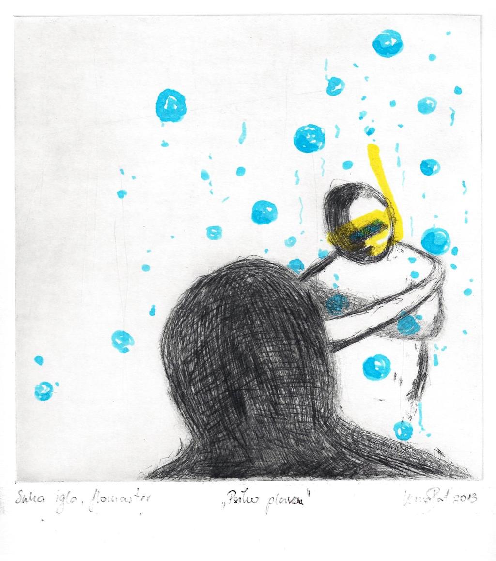 Slika 30: Vesna Bat, Psiho plava, 2013, suha igla in flomaster, 25 x 35 cm Dodana je risba z barvnim flomastrom.