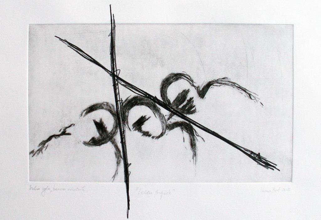 Slika 34: Vesna Bat, Ločen trojček, 2013, suha igla in barvni svinčnik, 35 x 50 cm Dodana je risba v tehniki barvnega svinčnika. Poteze so močne in hitre.