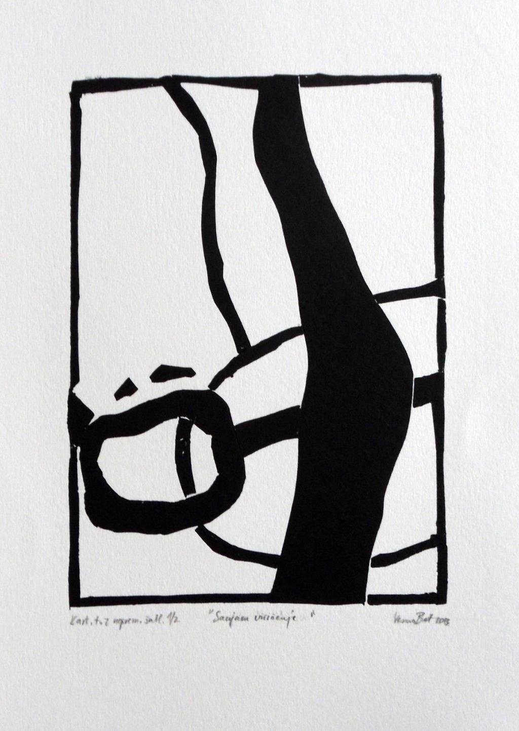 Slika 36: Vesna Bat, Sanjam uničenje, 2013, kartonski tisk z nepremično šablono, 35 x 50 cm Osnovna tehnika v kartonskem tisku.