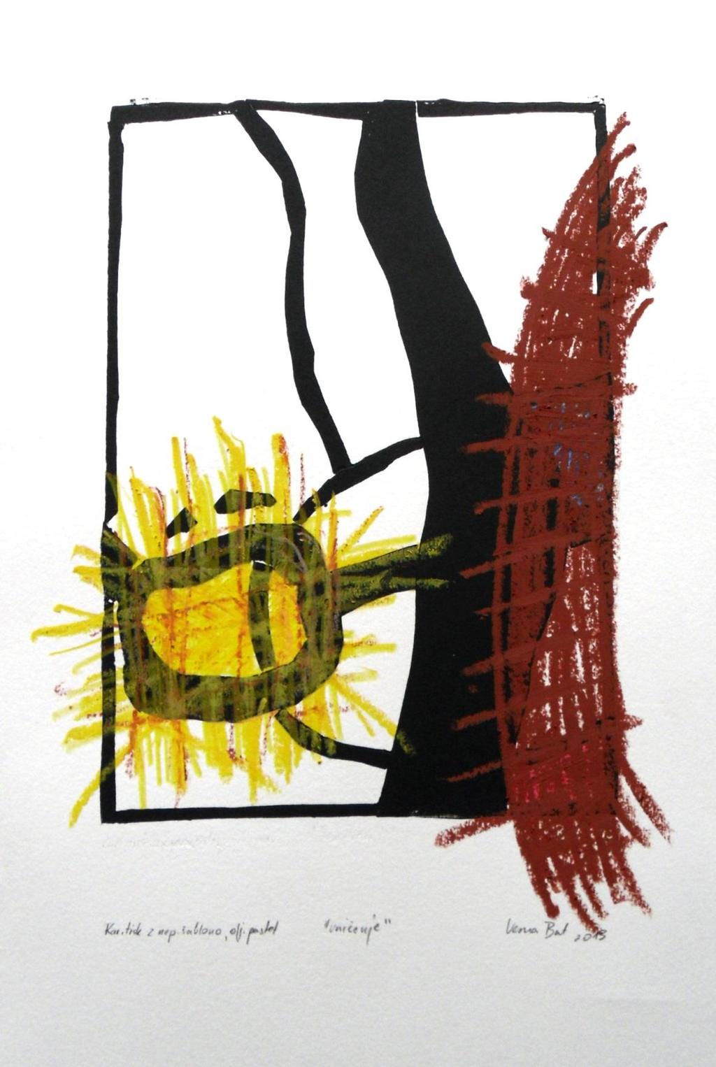 Slika 37: Vesna Bat, Uničenje, 2013, kartonski tisk z nepremično šablono, oljni pastel, 35 x 50 cm Dodana je risba v