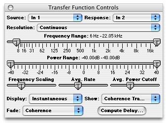 102 SpectraFoo User Manual Time Aligning the measurement with the Delay Finder Window Transfer Function after the measurement has been time-aligned The parameter controls for the Transfer Function