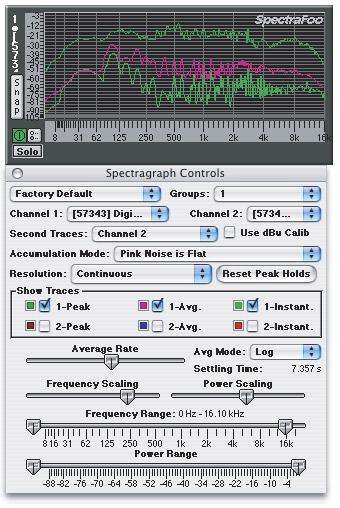 26 SpectraFoo User Manual The Spectragraph utilizes a triple display for each input channel. The bright green trace provides instantaneous spectral analysis.