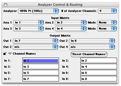 66 SpectraFoo User Manual channels. To access this mechanism, simply click on the small lock icon on the lower left hand corner of the Analyzer Control & Routing window.