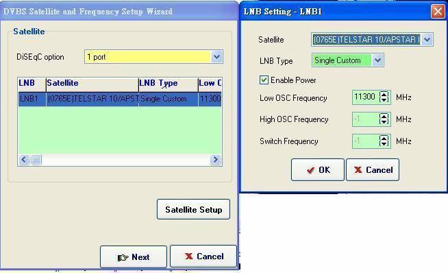 Please double-click on the highlighted LNB1 line to enter LNB Setting window. Now you may modify the setting according to your wishes.