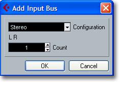 Step 18 Step 19 PatchMix Inputs 18. Select the Inputs Tab, revealing the window shown above. 19. Click the Add Bus button. The pop-up dialog box shown at right appears. 20.