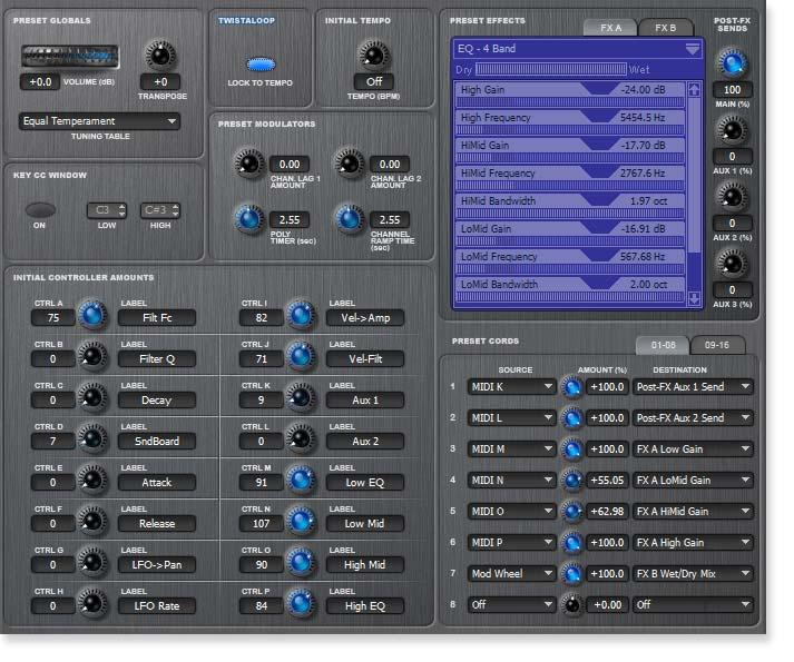 4 - Preset Editor Preset Globals Preset Globals These parameters affect the entire preset and are saved with the bank. Transpose & Volume Transpose works by shifting the keyboard position.