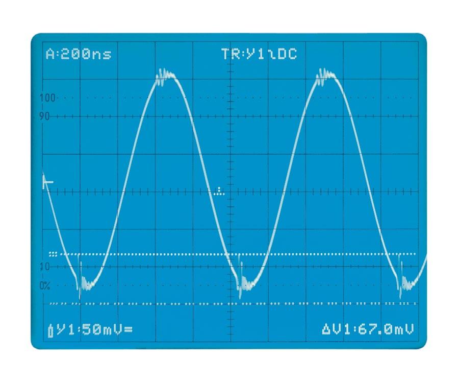 Picture 21 shows a sine wave signal on which high frequency noise is super imposed. The picture was taken in the analog operating mode, and the amplitude of the superimposed noise is about 67 mv PP.