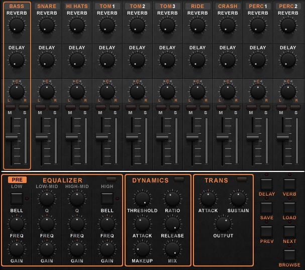 Track Mixer Page The track mixer page which is accessed by clicking the track mixer tab at the bottom of Kontakt main window contains individual mixer channels for each drum voice.